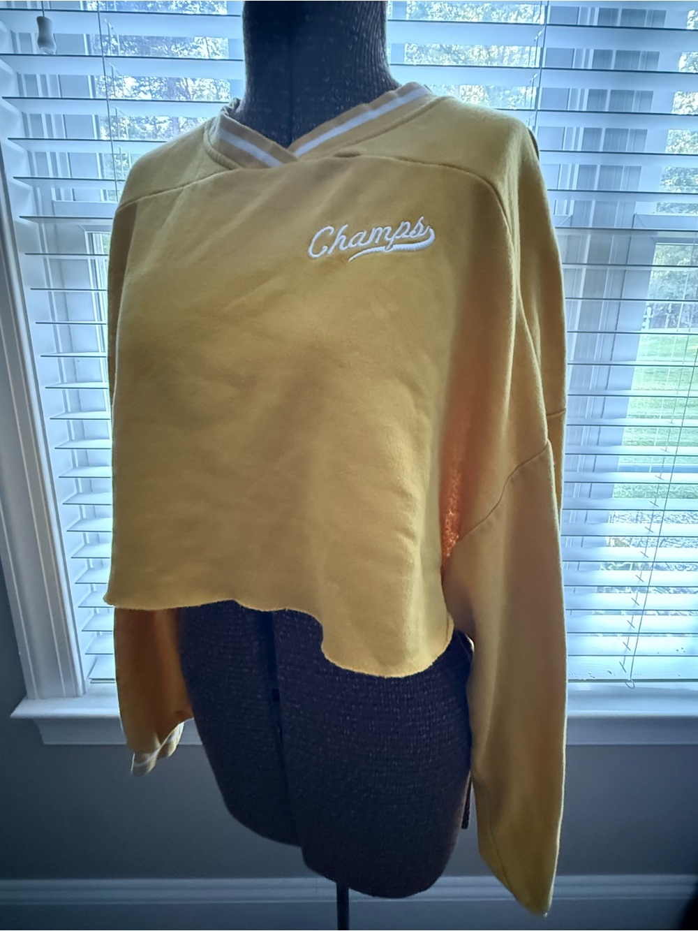 H&M Yellow Cropped V-Neck Champs Pullover Sweatshirt